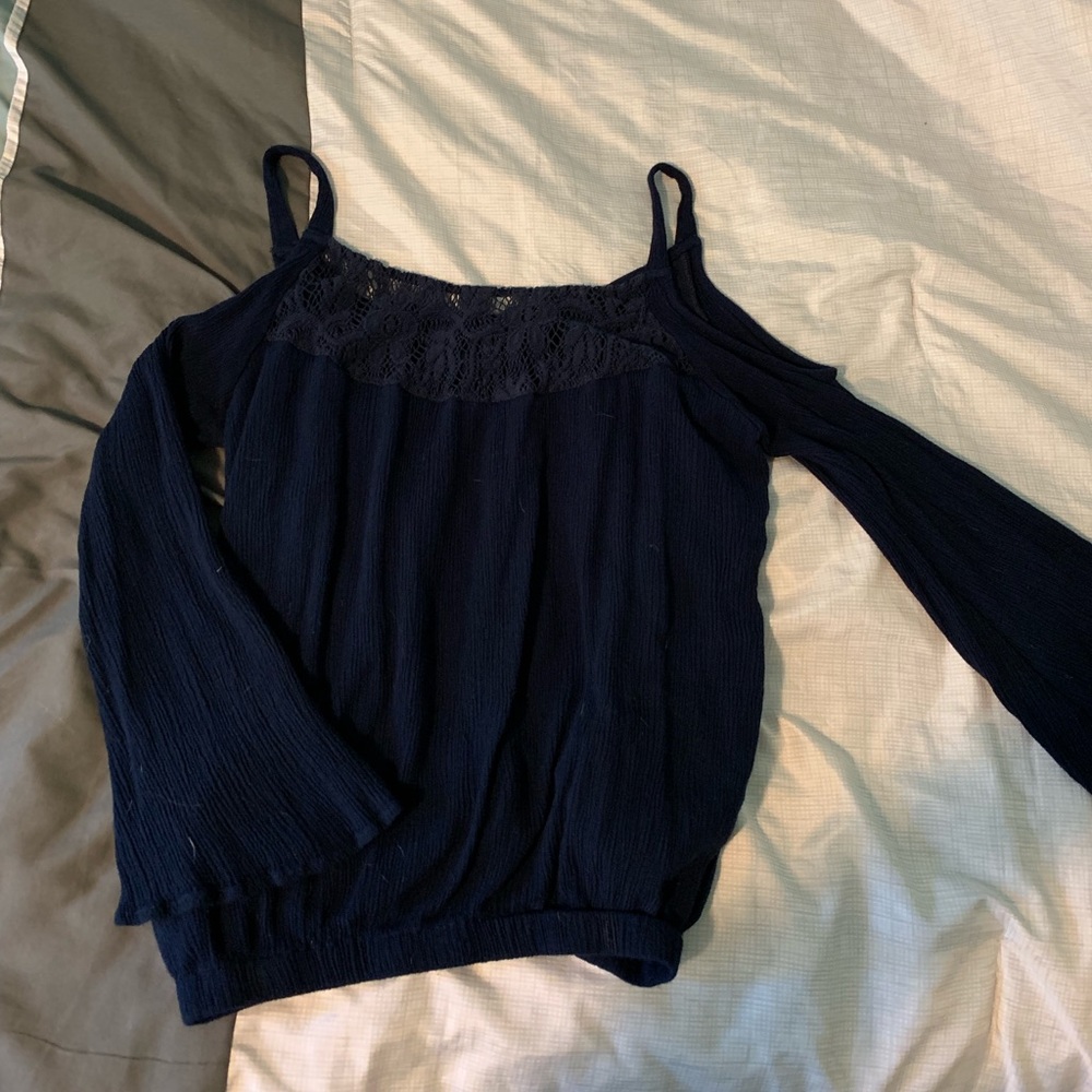 Navy Cold Shoulder Top w/ Lace Detail